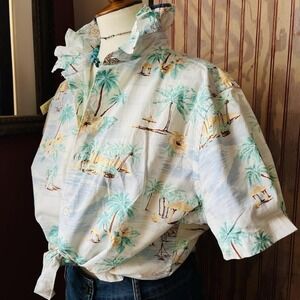 Upcycled Re-worked Kitschy Hawaiian Floral Blue & Mint Ruffle Collar Shirt L